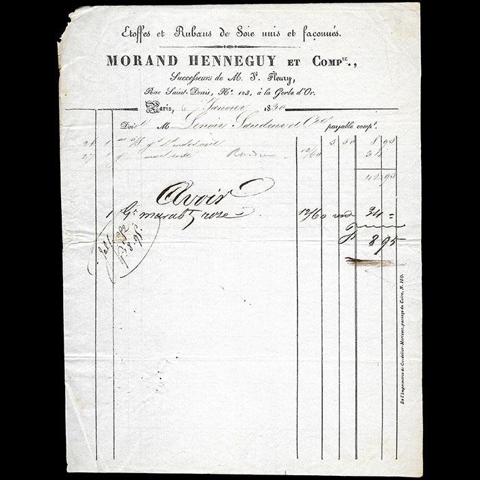 Morand Henneguy et Cie- Facture du magasin d'étoffes, Rue Saint-Denis à Paris (1830)