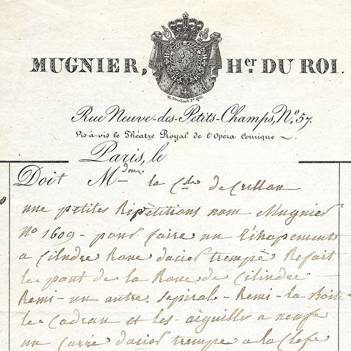 Mugnier - Facture de l'horloger du roi, rue Neuve-des-Petits_champs à Paris (1830)