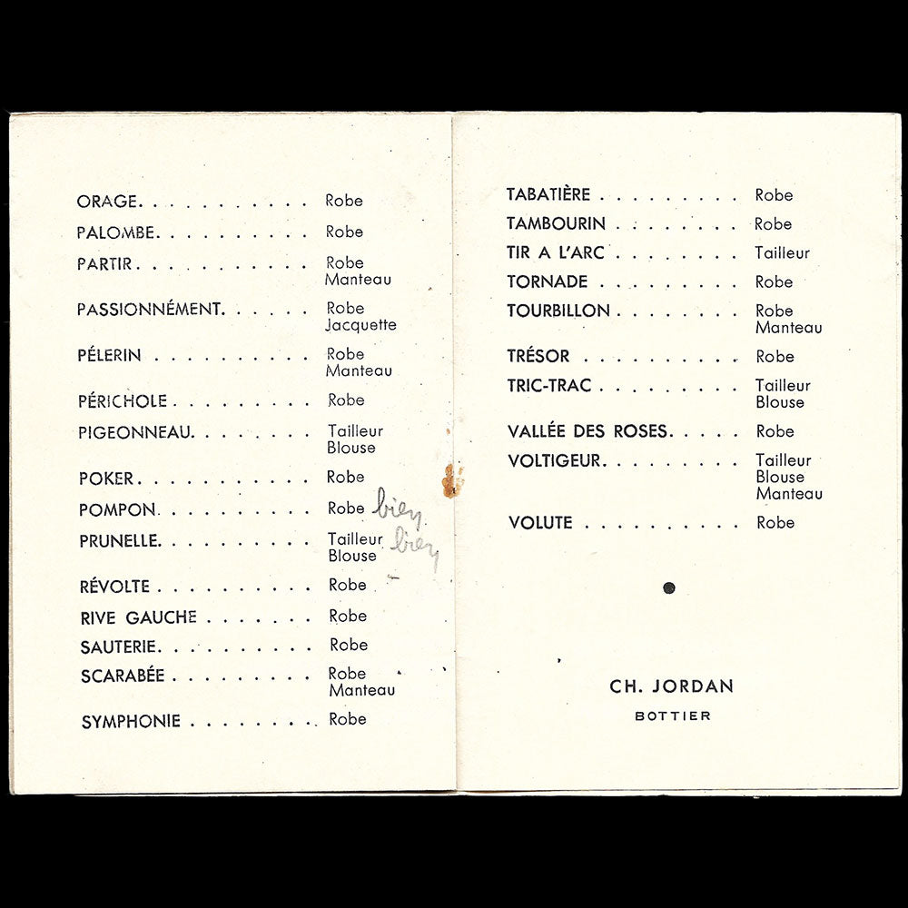 Patou - Programme de défilé de la collection Automne-Hiver 1951