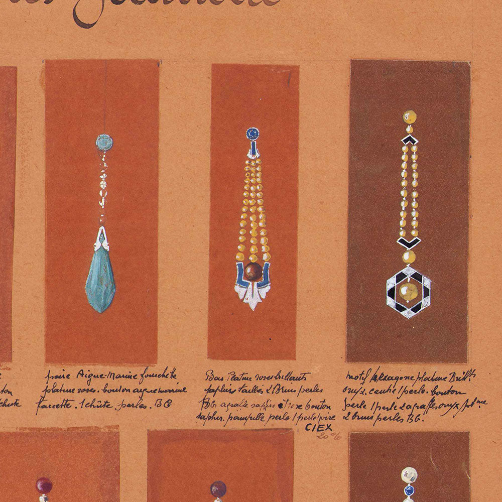 Pendants d'oreilles - Réunion de 19 dessins gouachés d'un joaillier (circa 1925-1930)