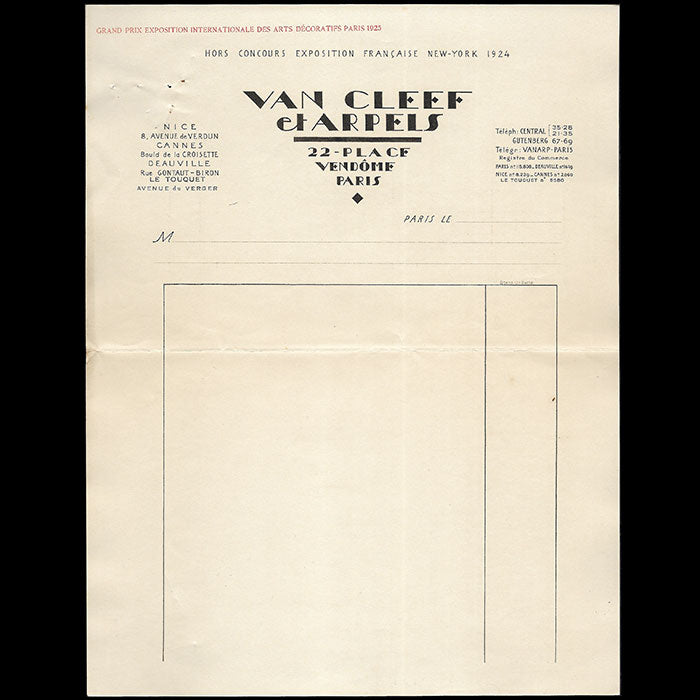 Van Cleef & Arpels - Facture des joailliers, 22 place Vendôme à Paris (circa 1925)