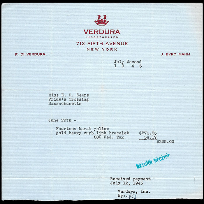 Verdura - Facture du bijoutier joaillier, 712 Fifth Avenue à New York (1945)